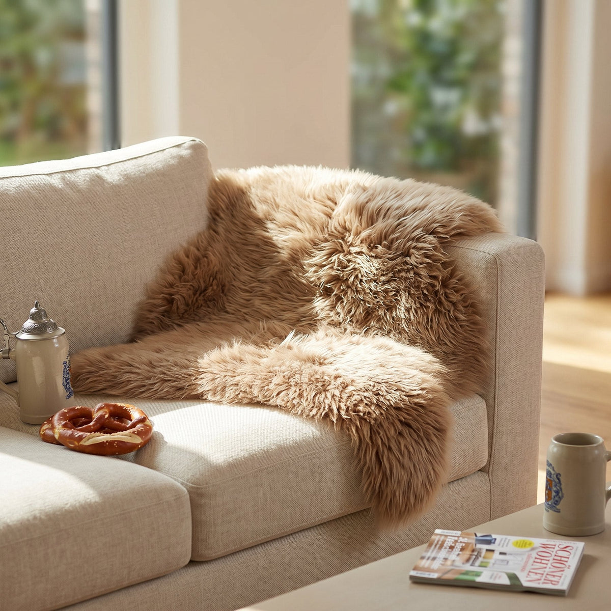 Peau de mouton marron clair sur un canapé beige dans un salon ensoleillé