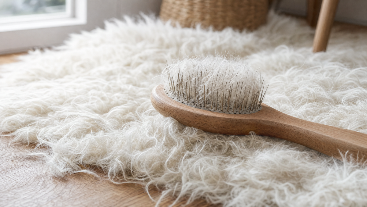 Brosse pour peau de mouton posée sur une peau de mouton à poils longs