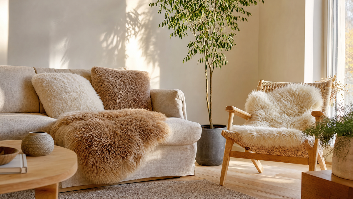 Peaux de mouton sur un canapé et un fauteuil lounge dans un salon scandinave