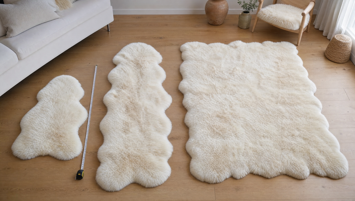 Peaux de mouton en trois tailles sur un parquet en chêne avec un mètre ruban
