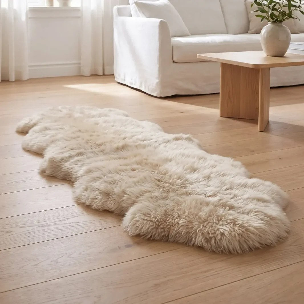 Peau de mouton double blanche sur un parquet dans un salon lumineux